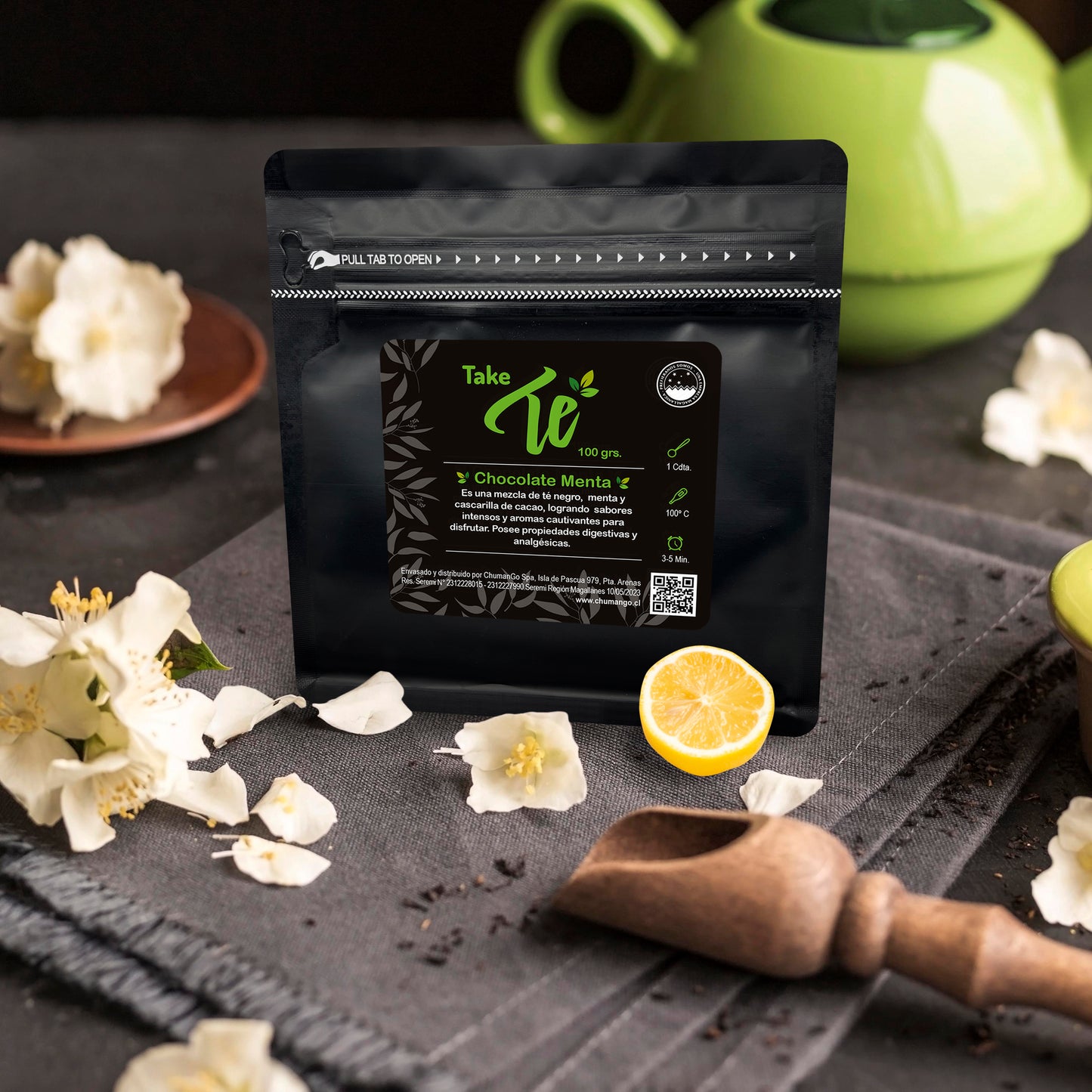 Mezcla de té Chocolate menta, está compuesto de té negro, menta, cascarilla de cacao.