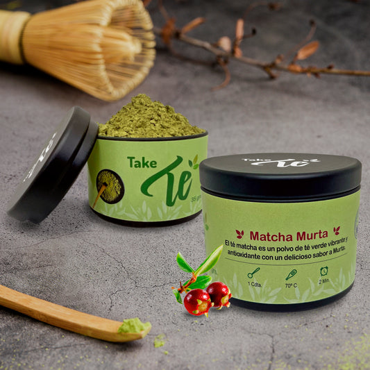 Té Matcha es un fino polvo pulverizando de hojas de Té Verde y  mezclado con murta. Alto en antioxidantes, rico en fibra, clorofila y vitamina C, selenio zinc y magnesio, mejora el estado de ánimo y ayuda a la concentración. Aumenta el metabolismo y quema calorías.